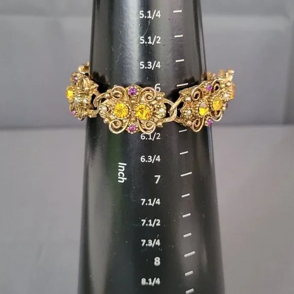 Womens Gold Tone Metal Fashion Bracelet Multicolor Rhinestones Faux Pearl 6 1/4 - Picture 4 of 8